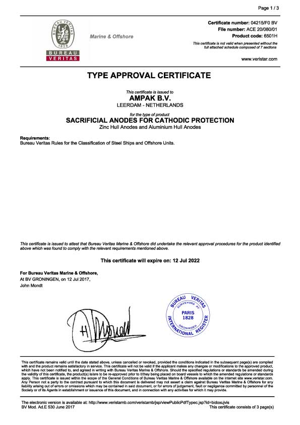 Veritas AMPAK Hull anode certificate