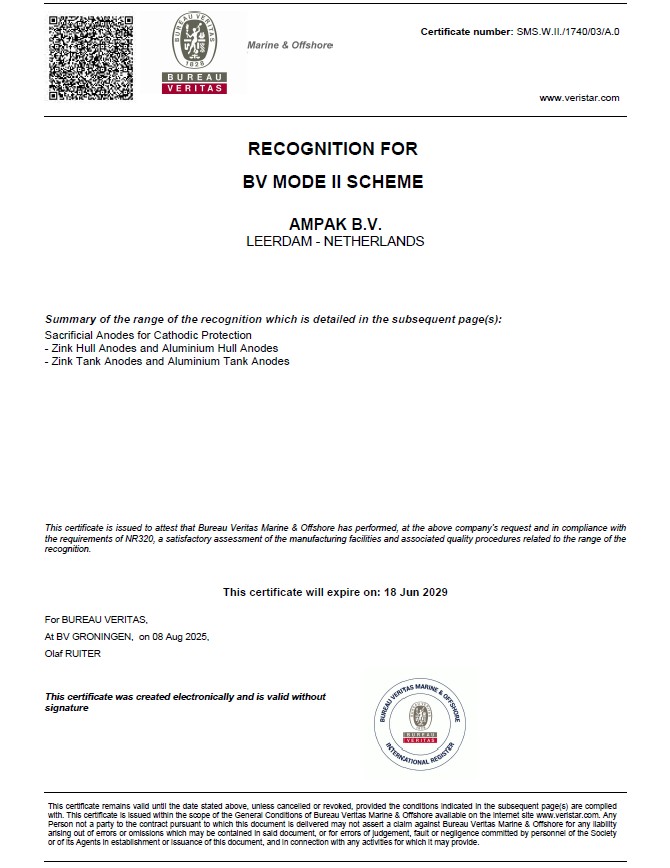 Veritas AMPAK Hull anode certificate