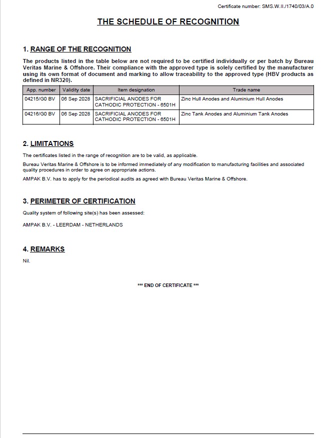 Veritas AMPAK Tank anode certificate