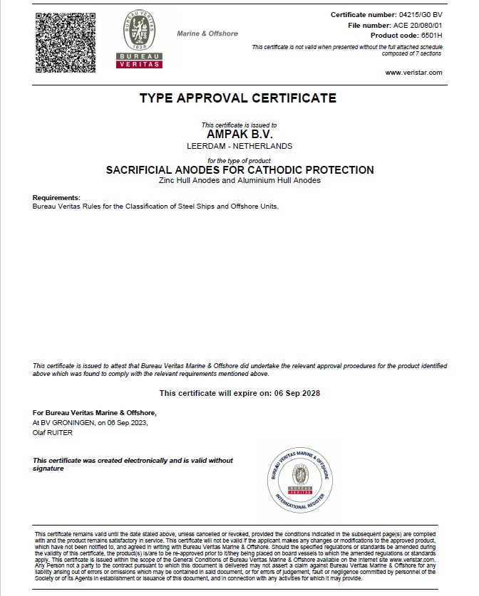 Veritas AMPAK Hull anode certificate